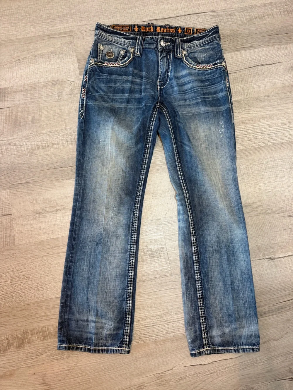 Rock Revival Men’s Straight Cut Jeans Distressed Embroidered Blue Denim W33/L32